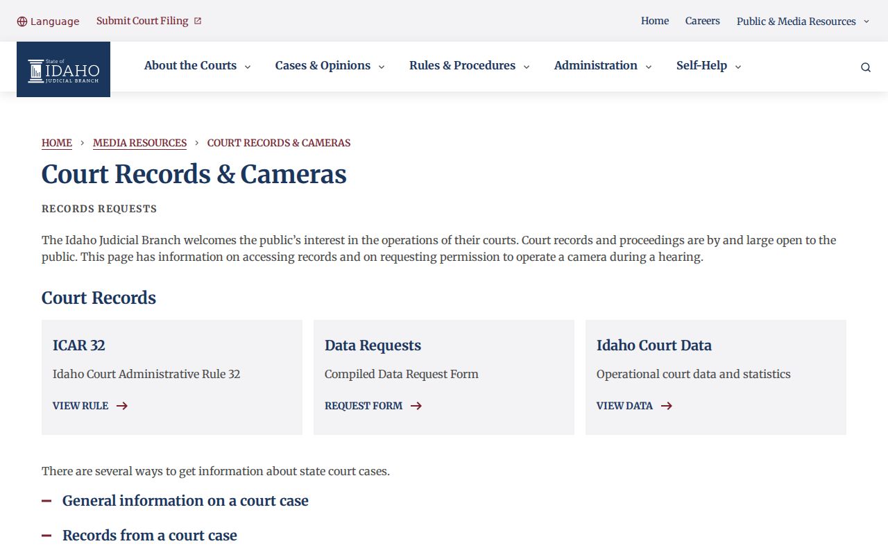 Idaho Courts guidance for status searches and clerk record requests