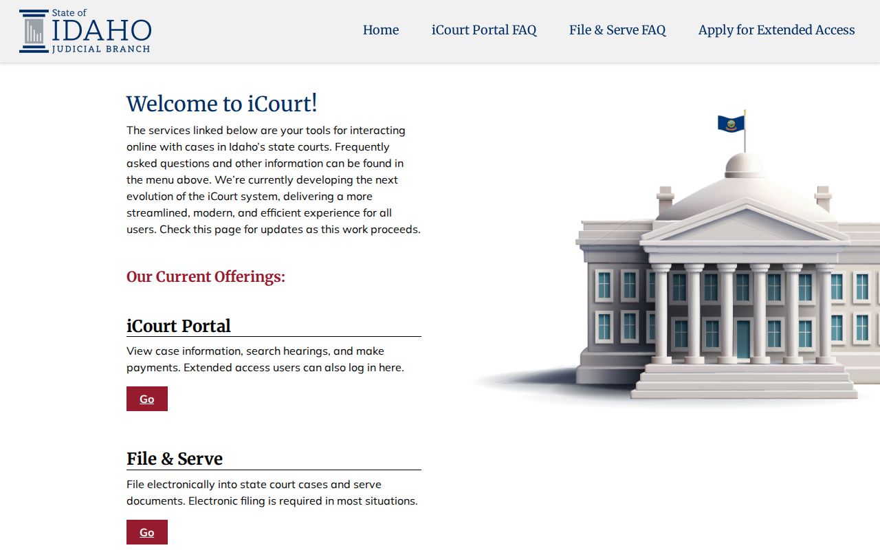 Idaho iCourt statewide trial court information page