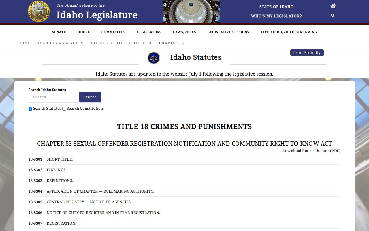 Idaho Code Title 18 Chapter 83 adult sex offender registration law