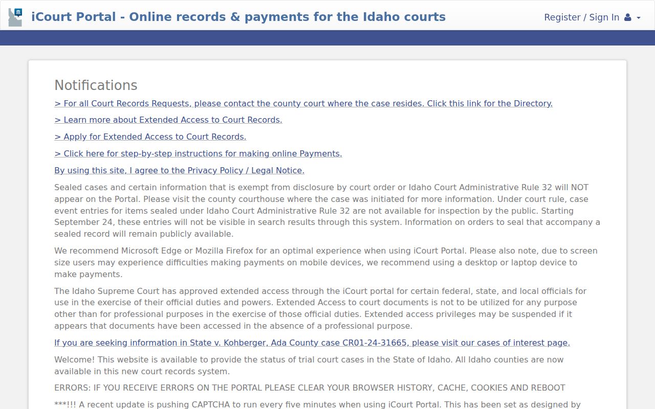 Butte County criminal court records in the Idaho iCourt portal